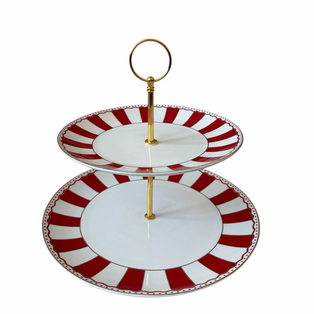 Grace Teaware Porcelain Red & White Striped 2-Tier Service Tray New